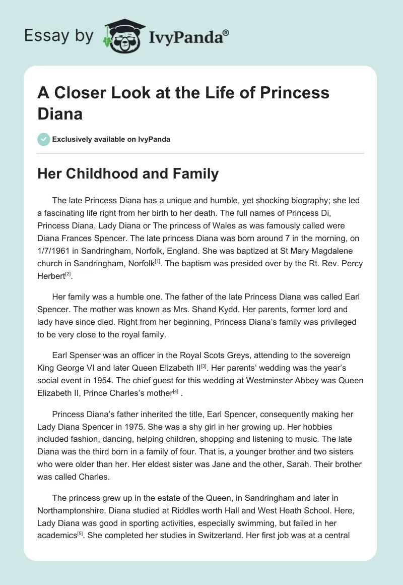 A Closer Look at the Life of Princess Diana. Page 1