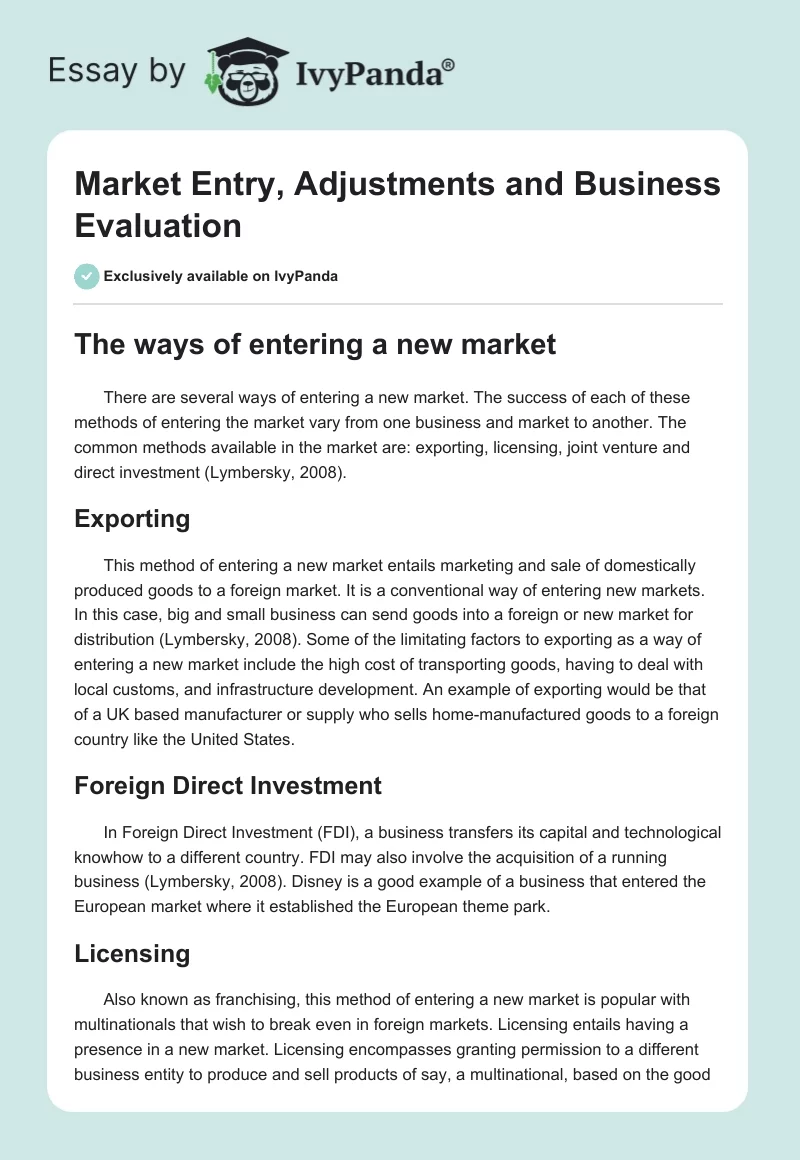 Market Entry, Adjustments and Business Evaluation. Page 1