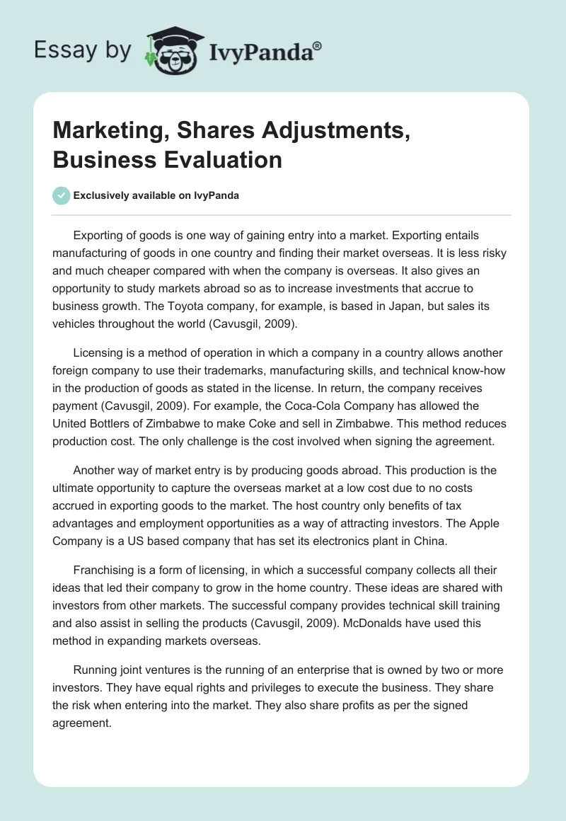 Marketing, Shares Adjustments, Business Evaluation. Page 1