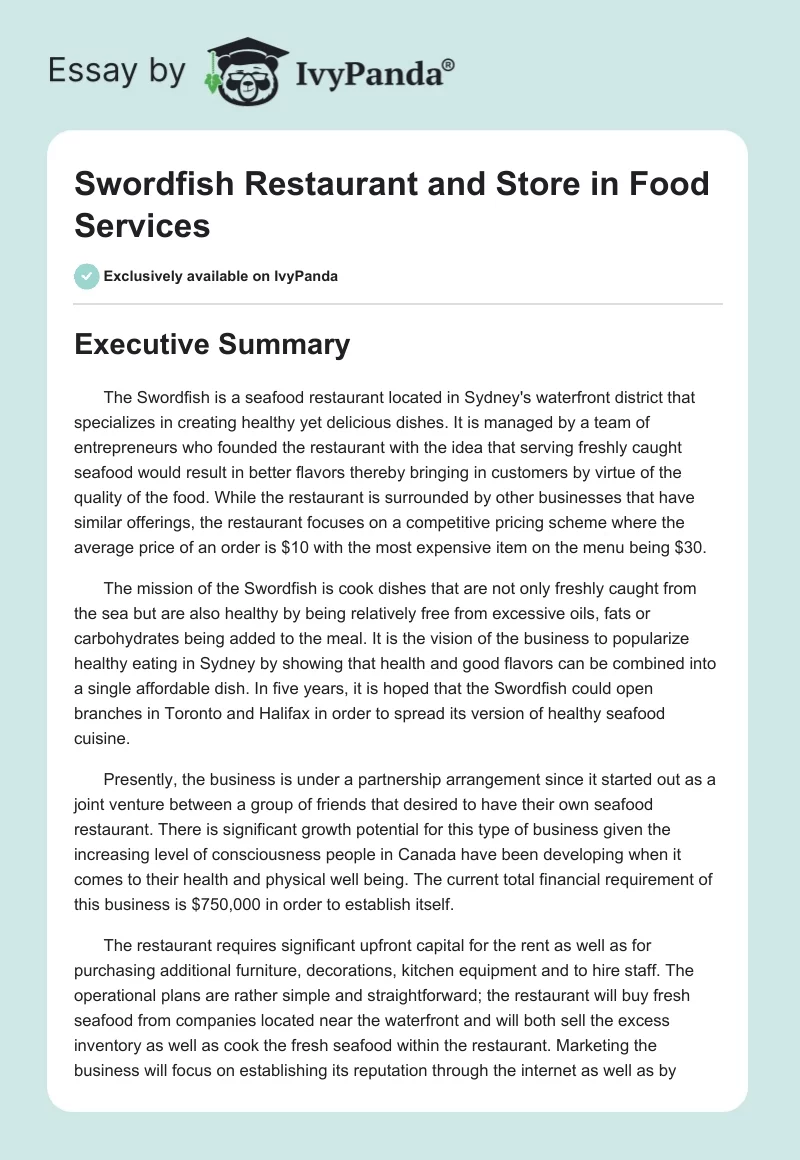 Swordfish Restaurant and Store in Food Services. Page 1