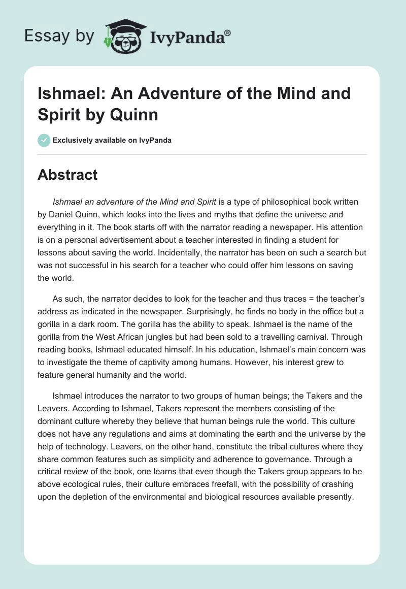 Ishmael: An Adventure of the Mind and Spirit by Quinn. Page 1