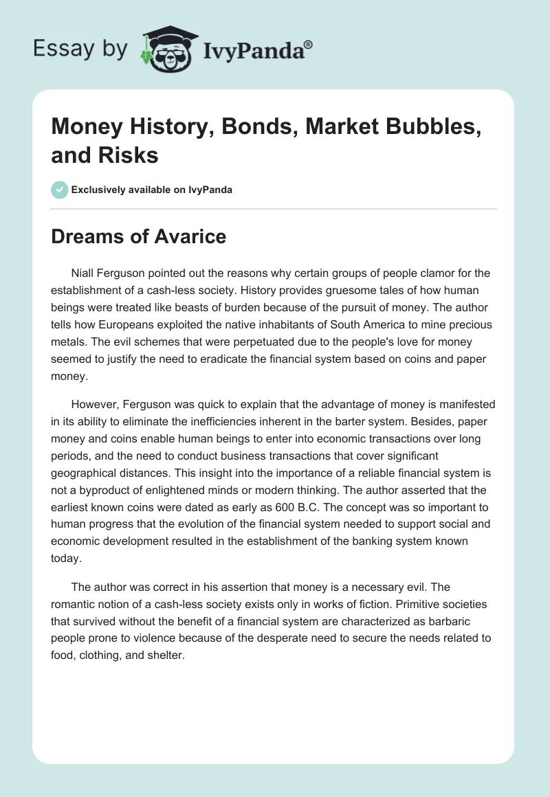 Money History, Bonds, Market Bubbles, and Risks. Page 1