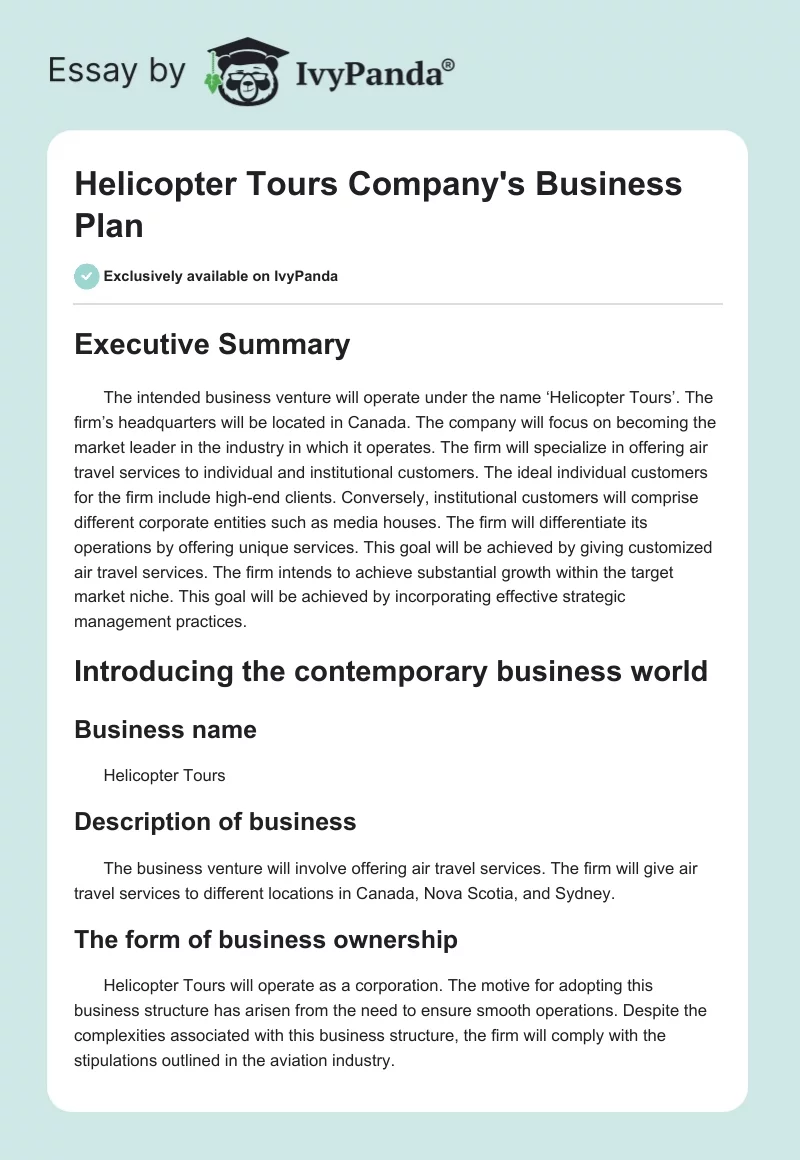 Helicopter Tours Company's Business Plan. Page 1