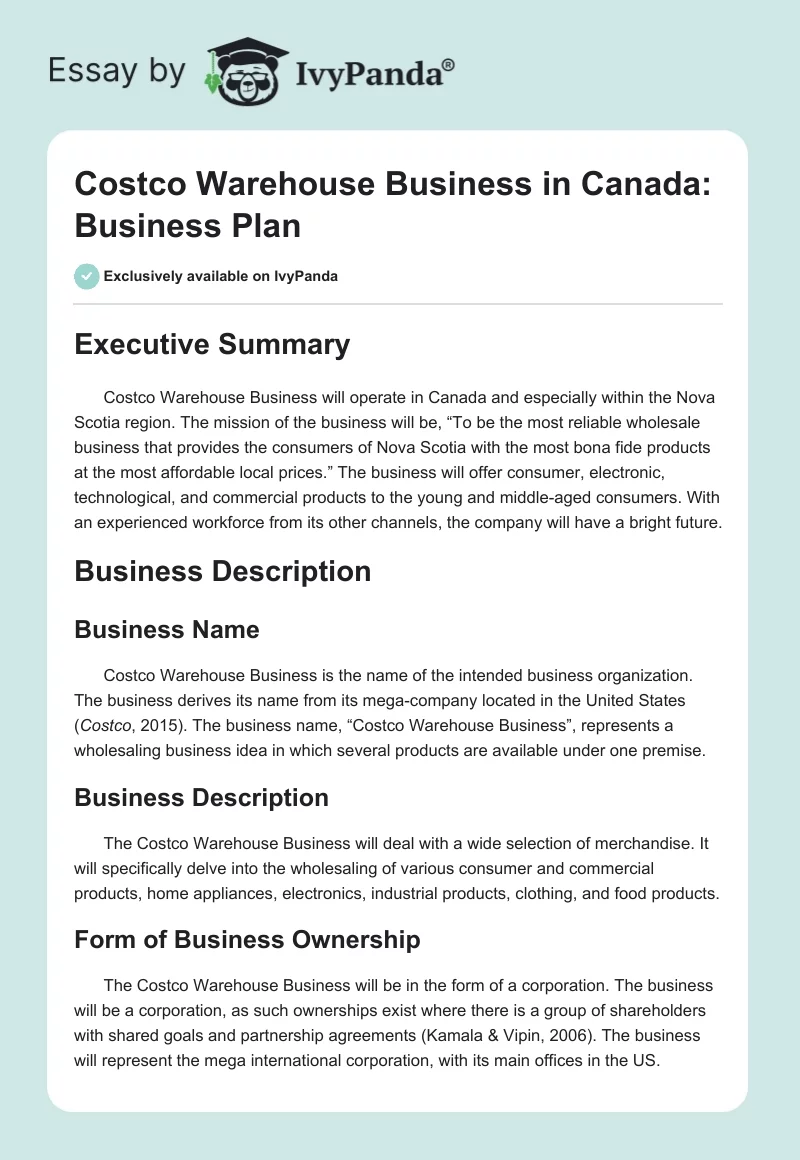 Costco Warehouse Business in Canada: Business Plan. Page 1