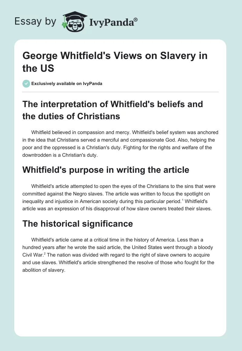 George Whitfield's Views on Slavery in the US. Page 1