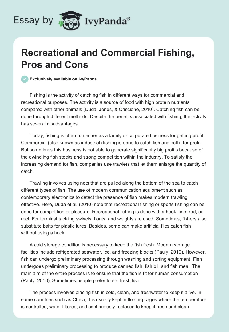Recreational and Commercial Fishing, Pros and Cons. Page 1