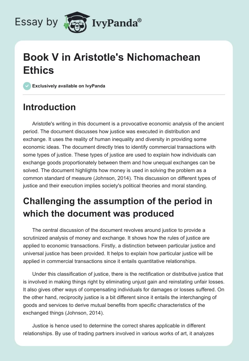 Book V in Aristotle's Nichomachean Ethics. Page 1