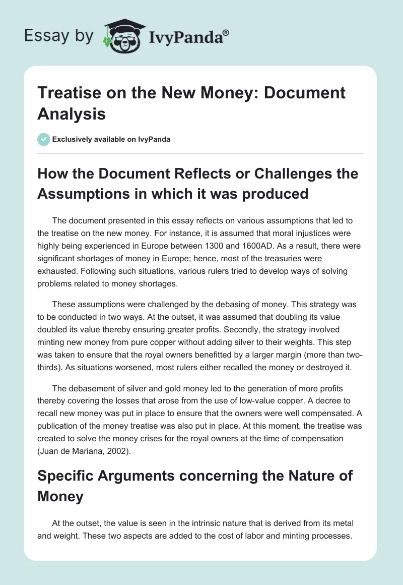 Treatise on the New Money: Document Analysis. Page 1