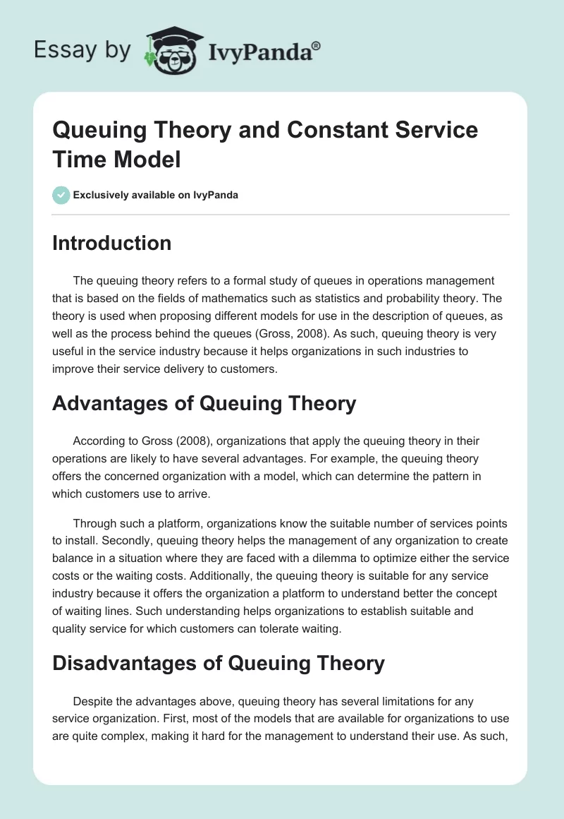 Queuing Theory and Constant Service Time Model. Page 1
