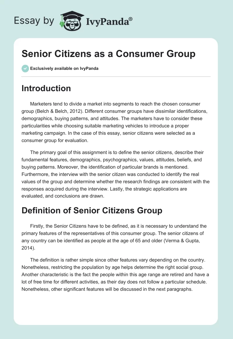 Senior Citizens as a Consumer Group. Page 1