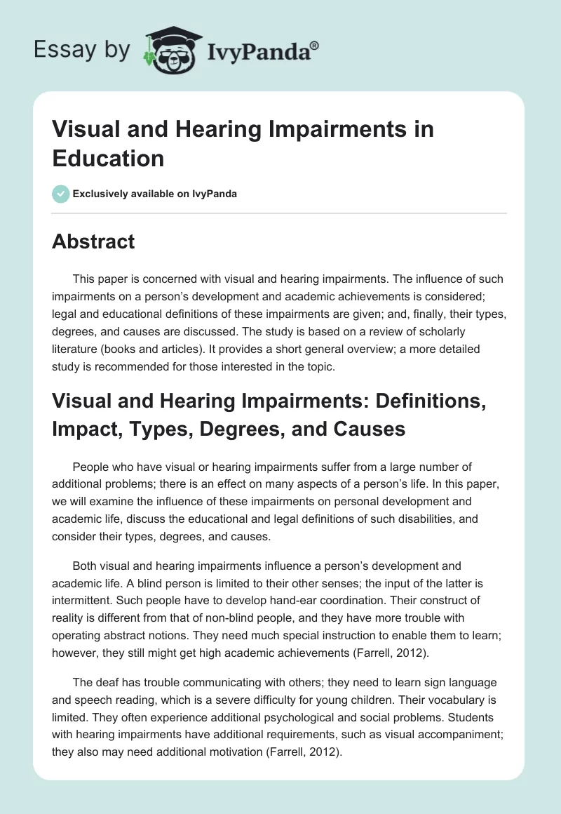 Visual and Hearing Impairments in Education. Page 1
