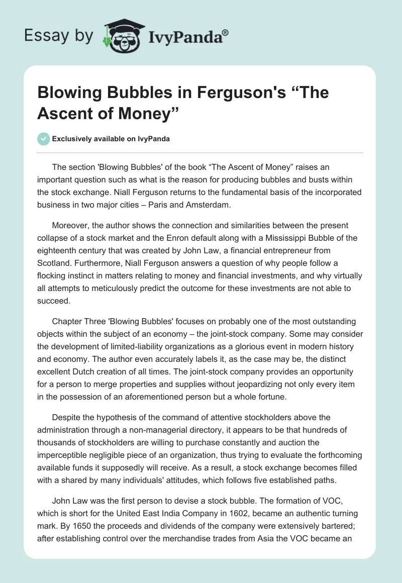 Blowing Bubbles in Ferguson's “The Ascent of Money”. Page 1
