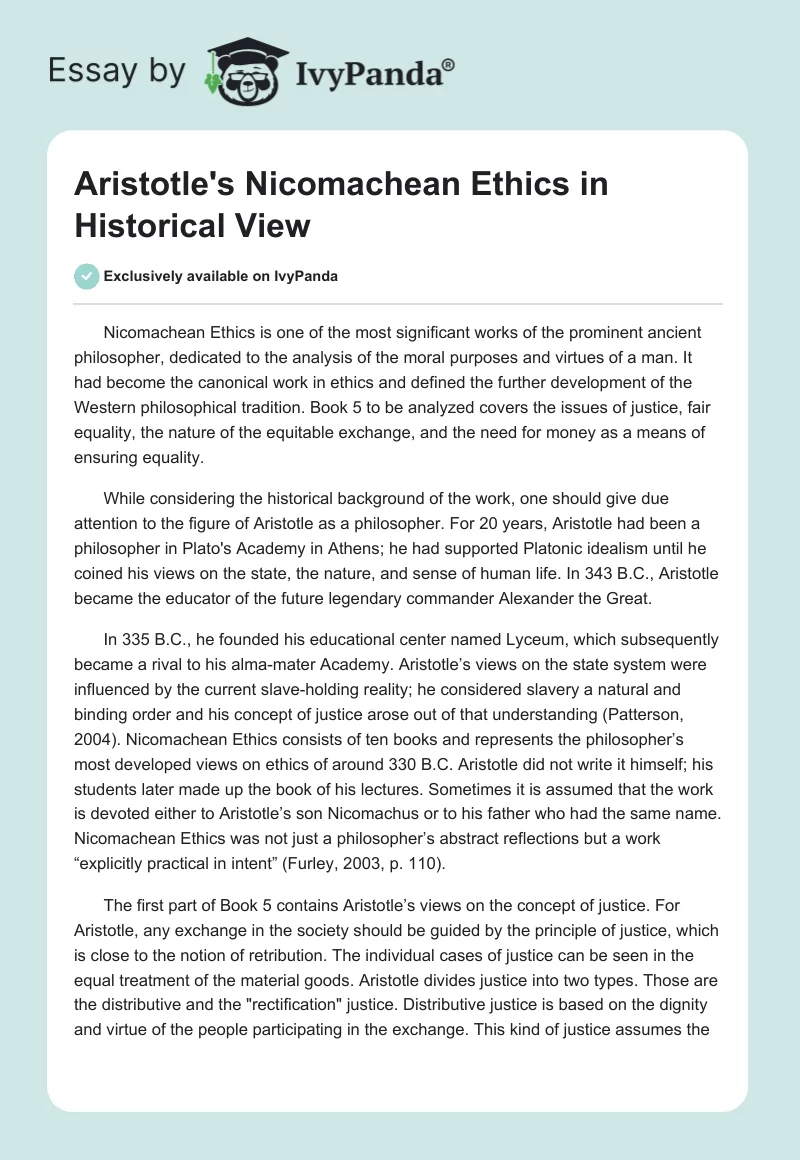 Aristotle's Nicomachean Ethics in Historical View. Page 1