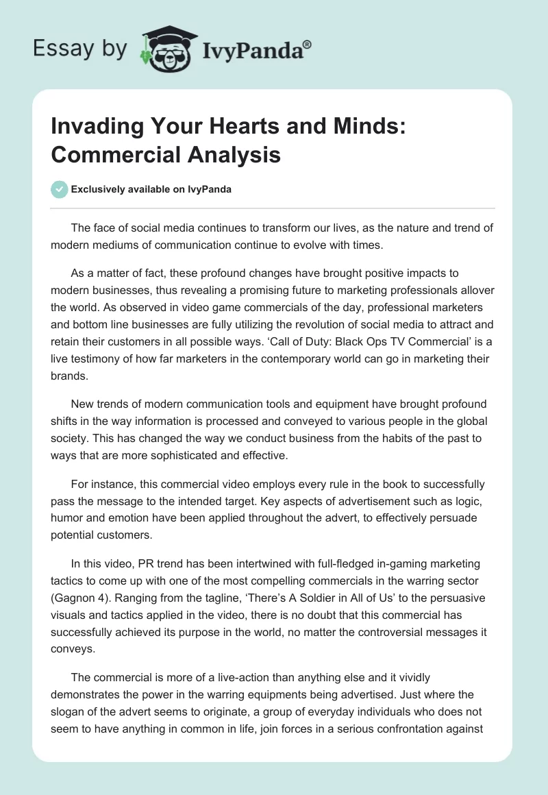 Invading Your Hearts and Minds: Commercial Analysis. Page 1