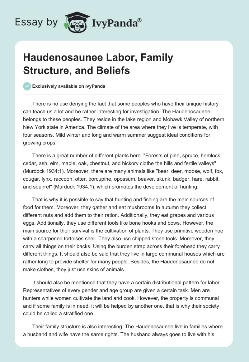 Haudenosaunee Labor, Family Structure, and Beliefs. Page 1