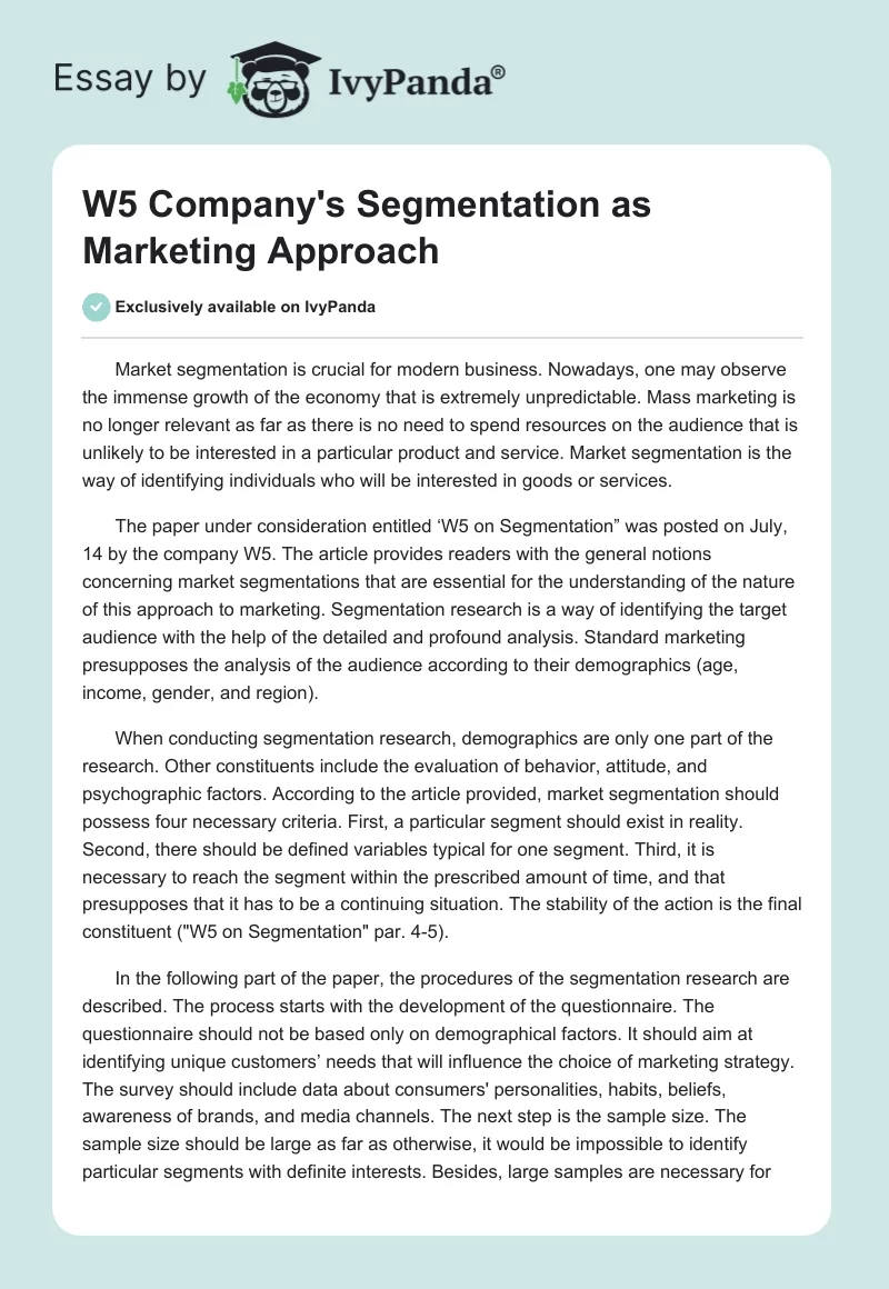 W5 Company's Segmentation as Marketing Approach. Page 1