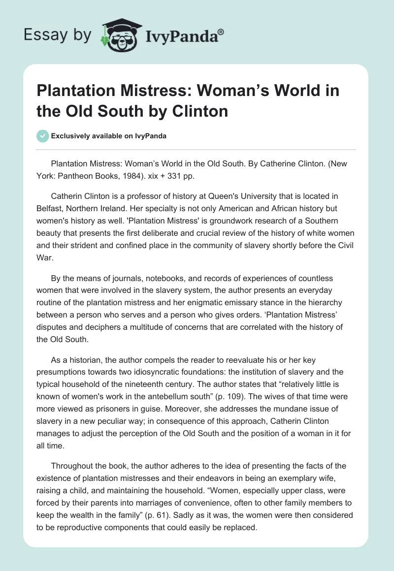 "Plantation Mistress: Woman’s World in the Old South" by Clinton. Page 1