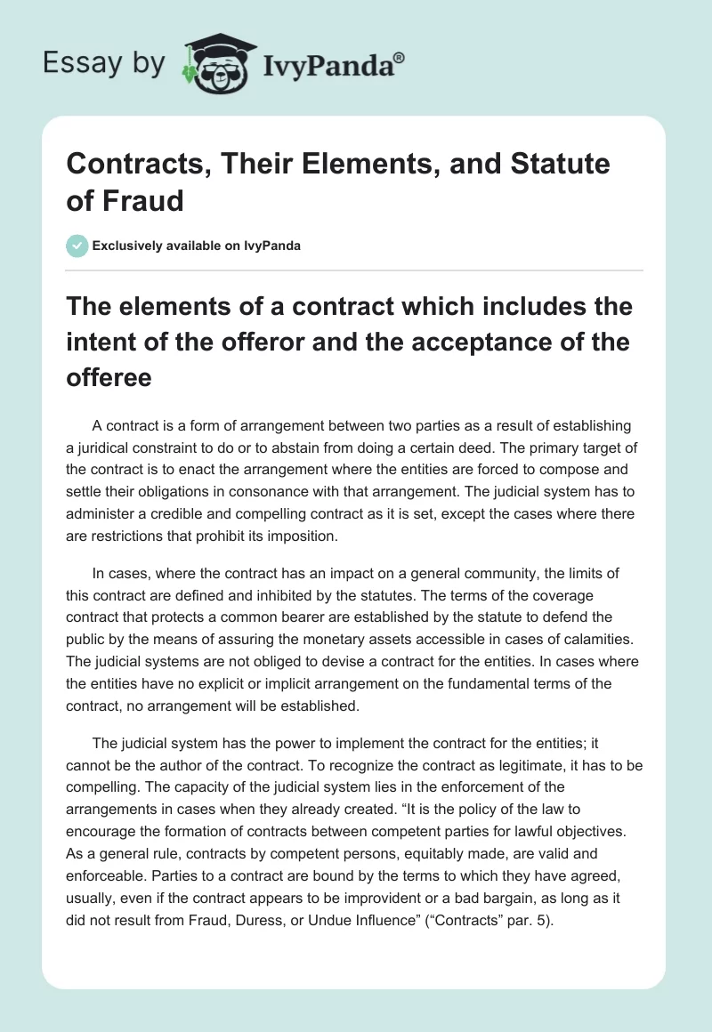 Contracts, Their Elements, and Statute of Fraud. Page 1