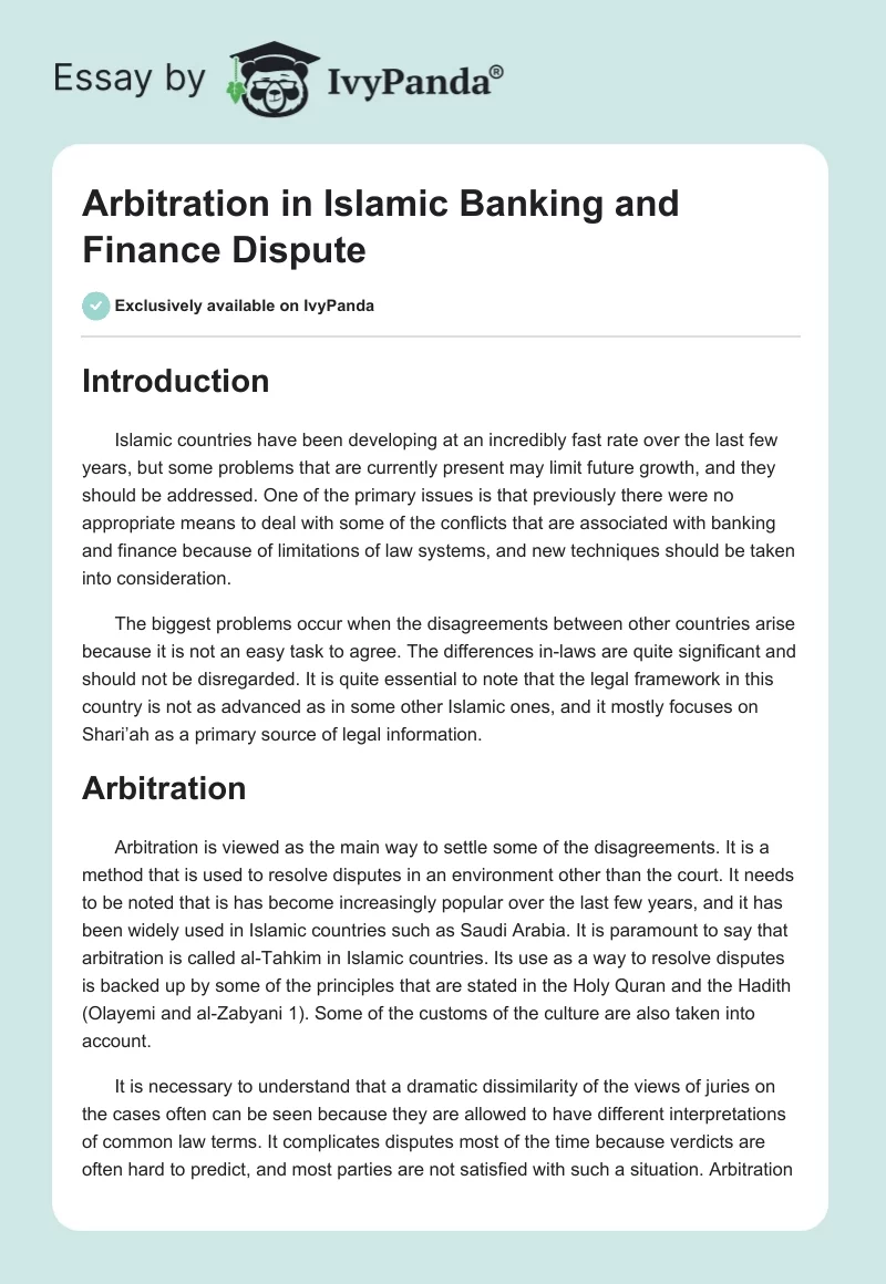 Arbitration in Islamic Banking and Finance Dispute. Page 1