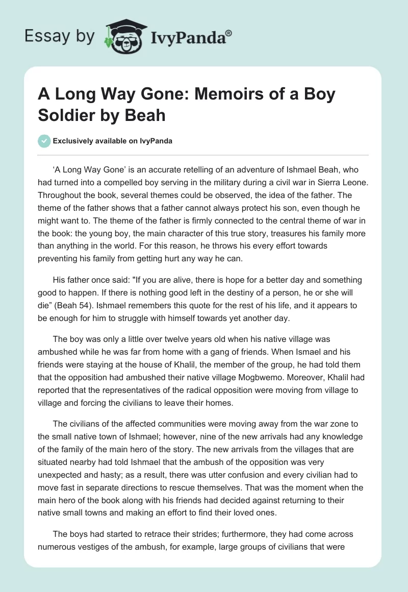 "A Long Way Gone: Memoirs of a Boy Soldier" by Beah. Page 1