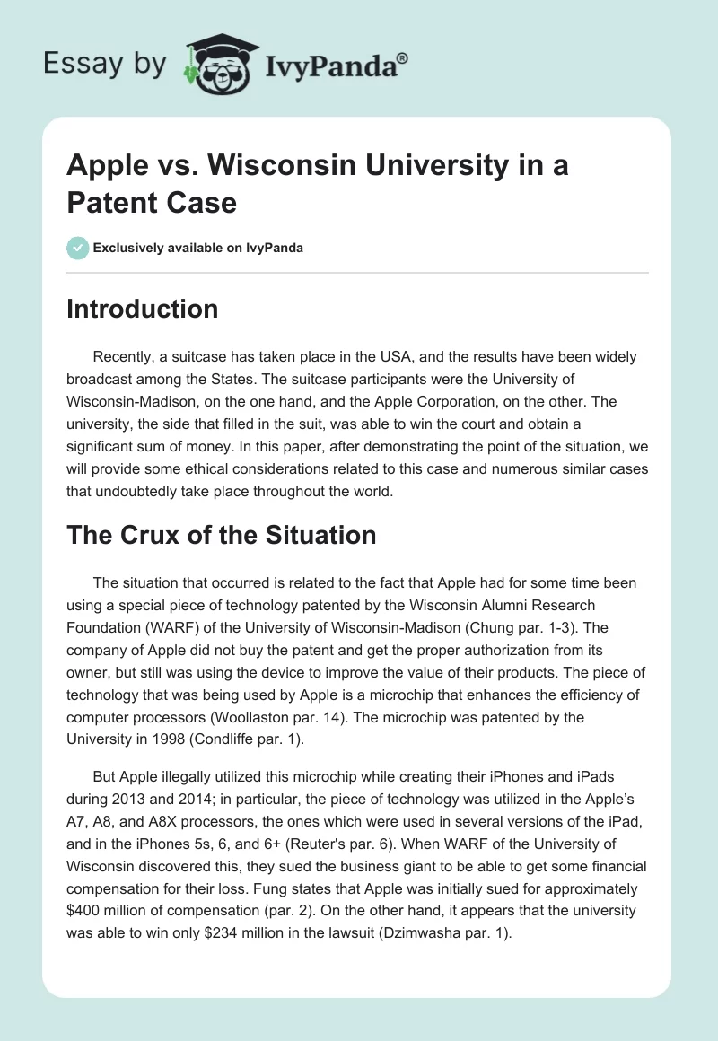 Apple vs. Wisconsin University in a Patent Case. Page 1