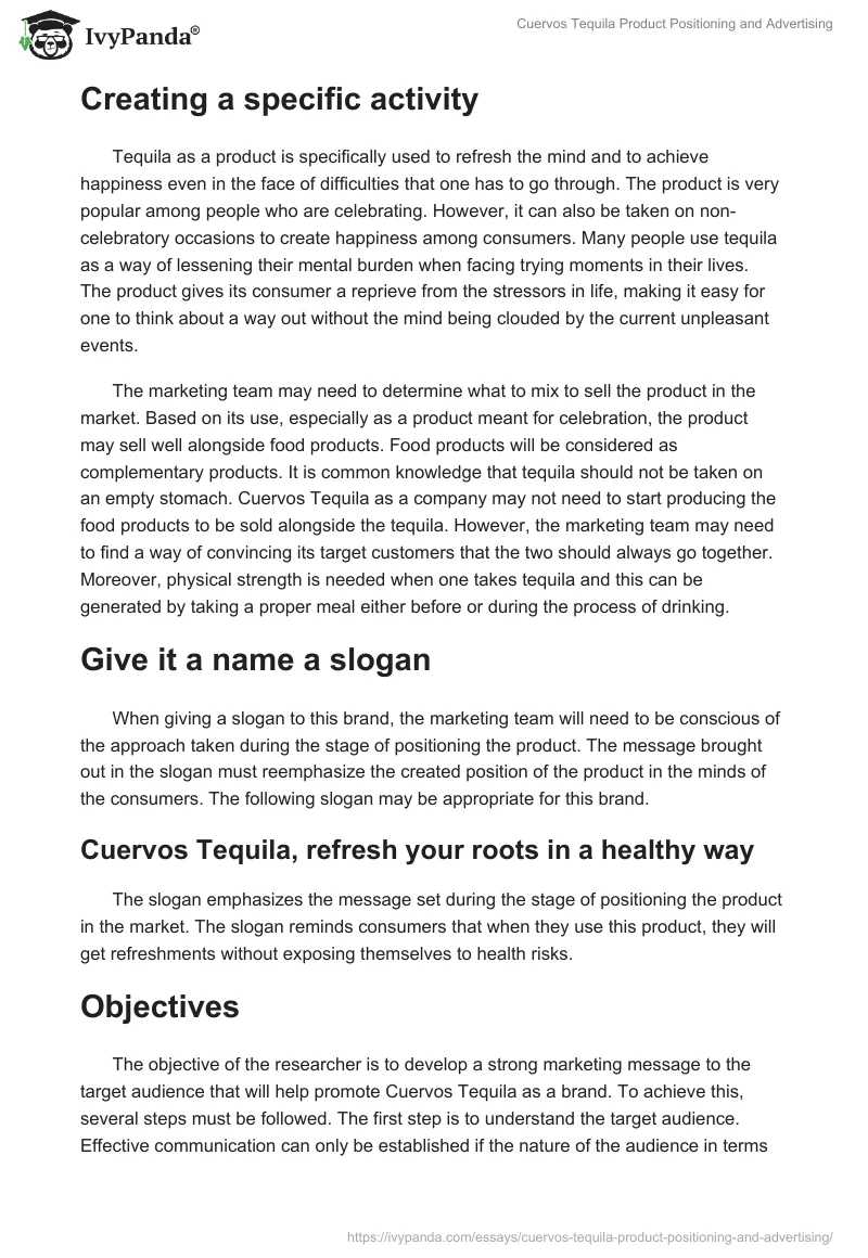 Cuervos Tequila Product Positioning and Advertising. Page 2