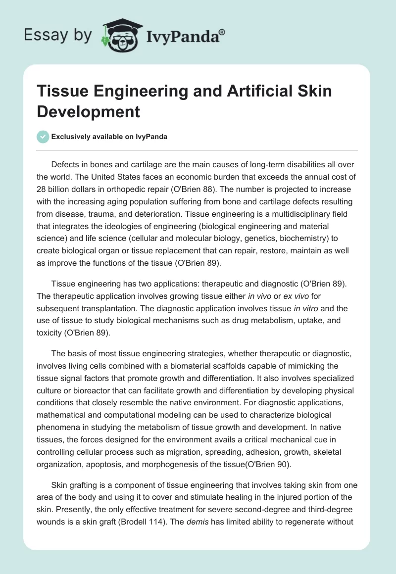 Tissue Engineering and Artificial Skin Development. Page 1