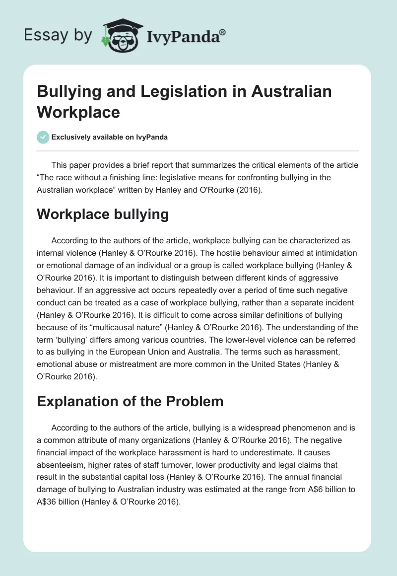 Bullying and Legislation in Australian Workplace. Page 1