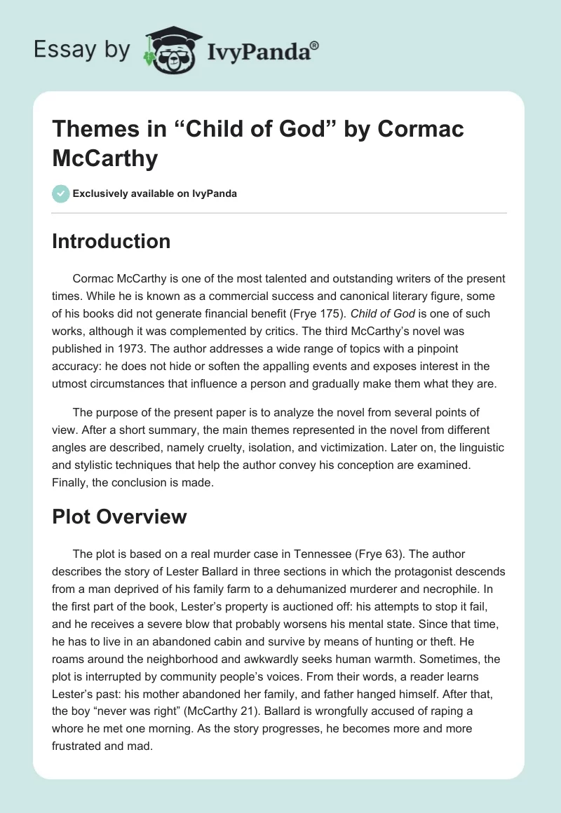 Themes in “Child of God” by Cormac McCarthy. Page 1