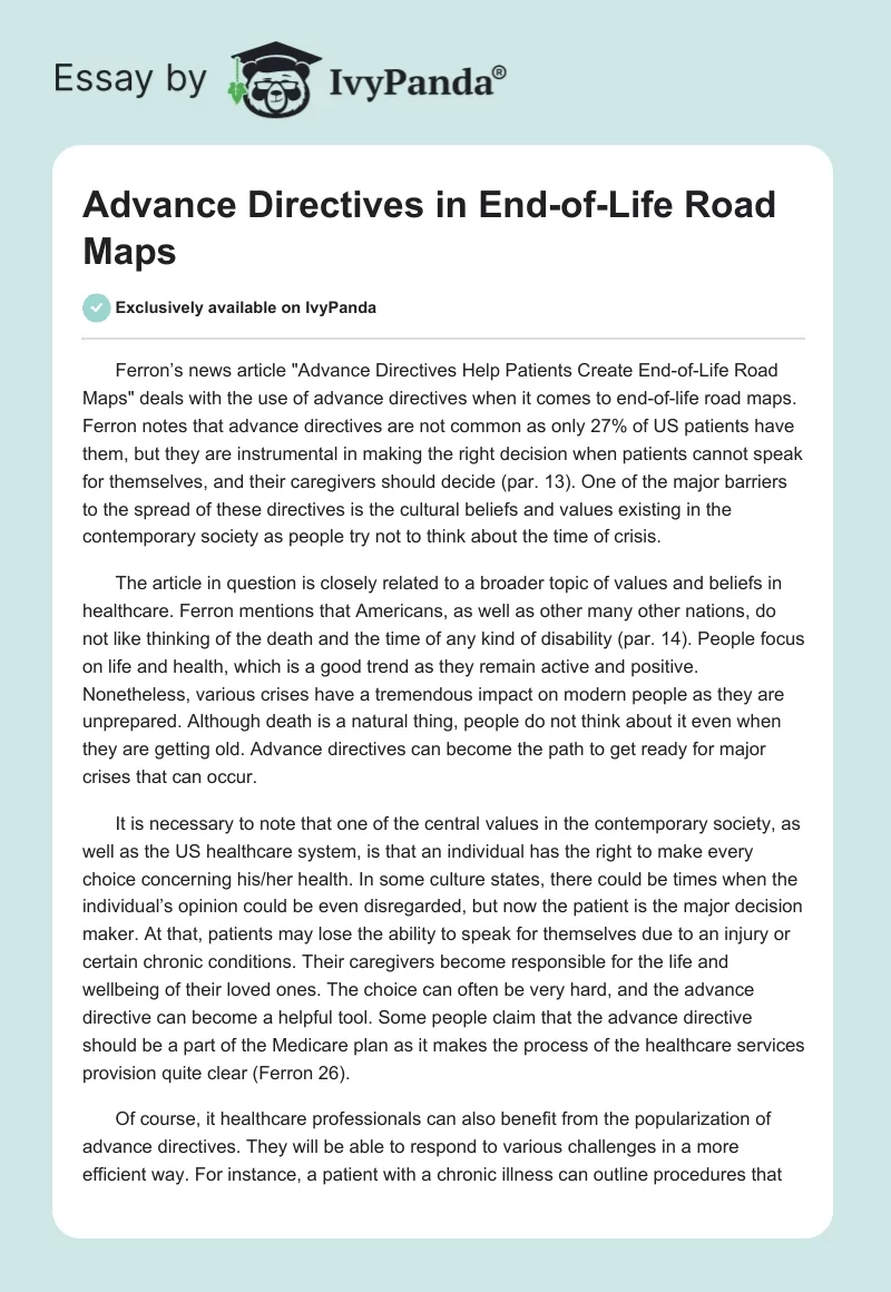 Advance Directives in End-of-Life Road Maps. Page 1