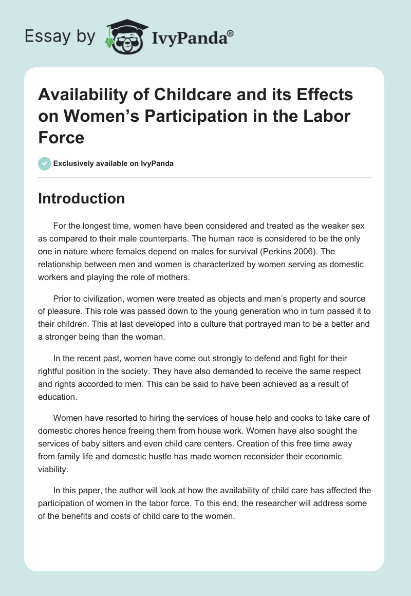 Availability of Childcare and Its Effects on Women’s Participation in the Labor Force. Page 1