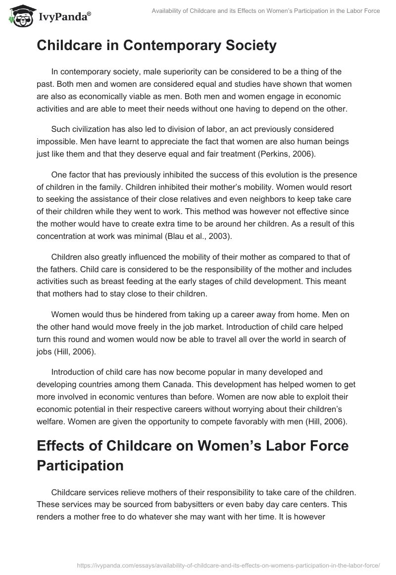 Availability of Childcare and Its Effects on Women’s Participation in the Labor Force. Page 2