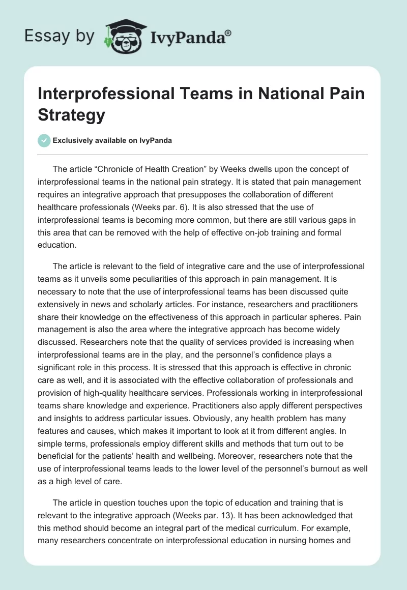 Interprofessional Teams in National Pain Strategy. Page 1