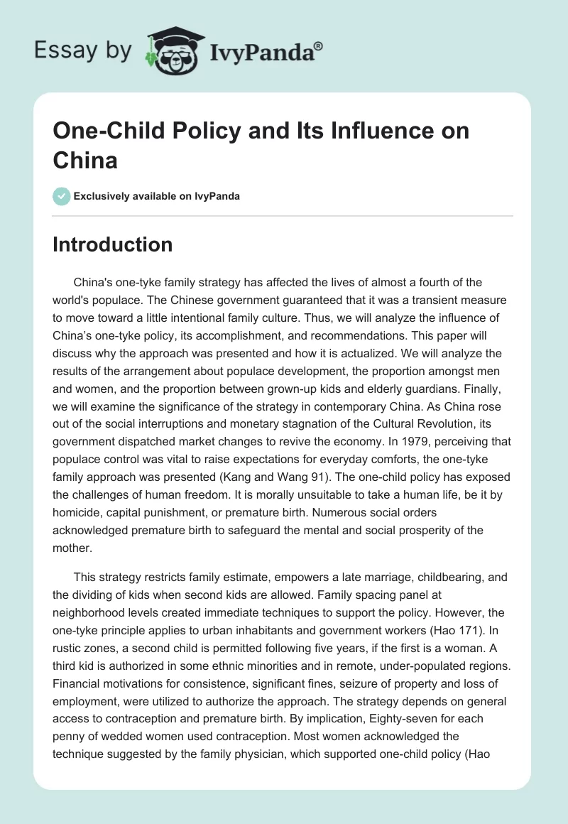 One-Child Policy and Its Influence on China. Page 1