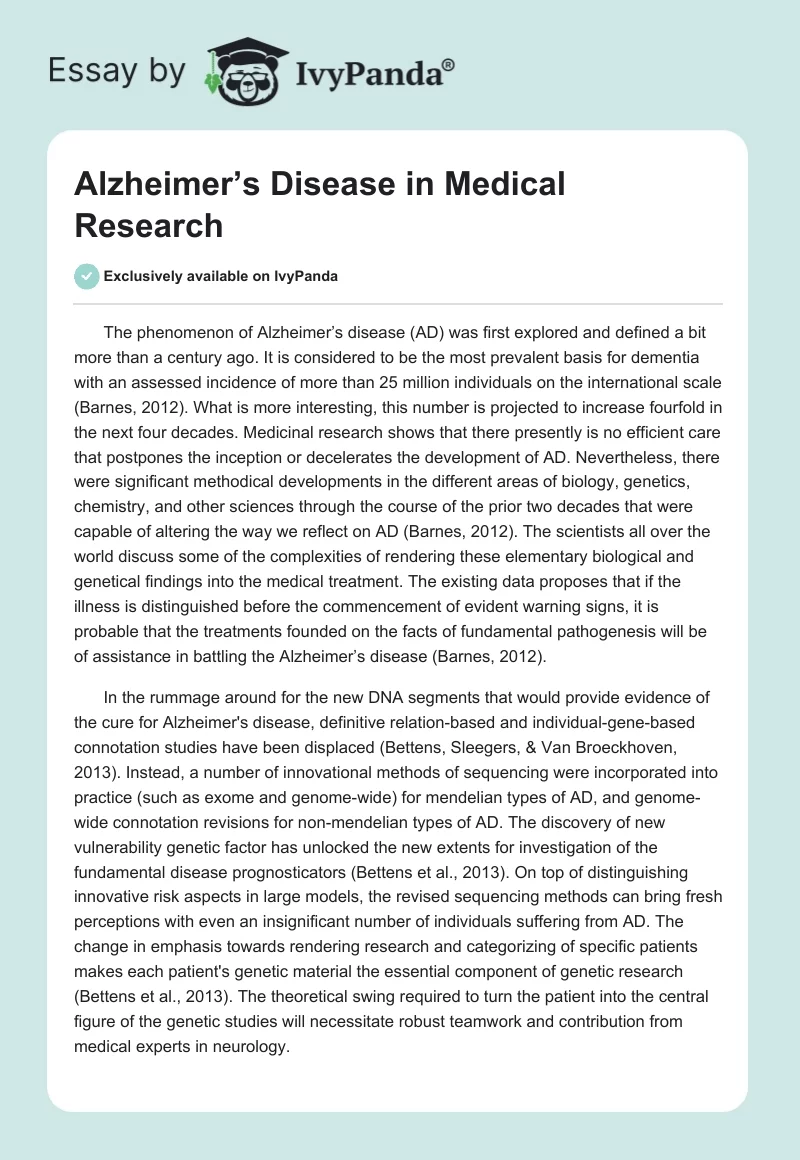 Alzheimer’s Disease in Medical Research. Page 1