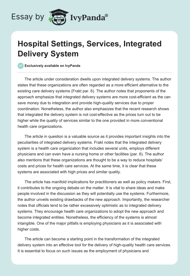 Hospital Settings, Services, Integrated Delivery System. Page 1