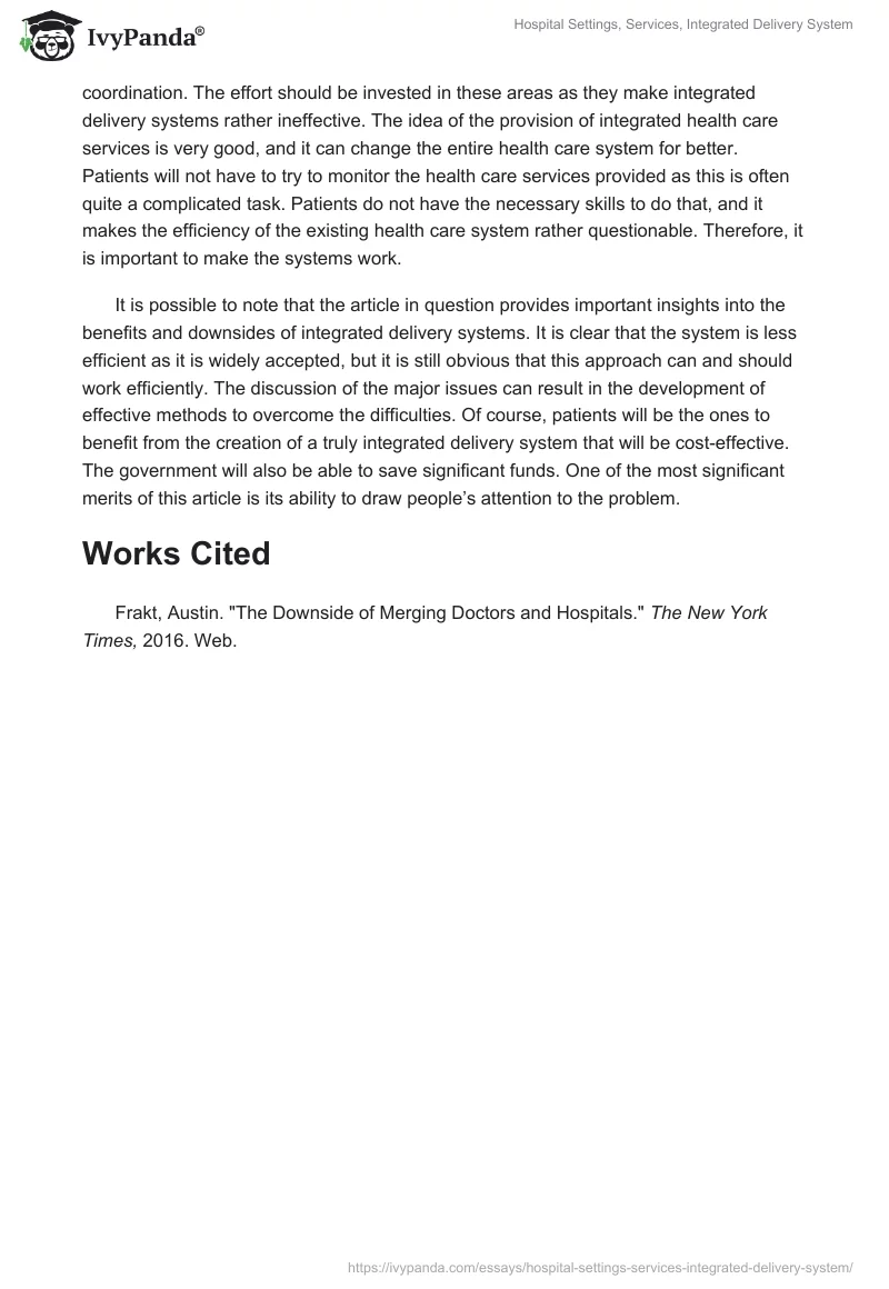 Hospital Settings, Services, Integrated Delivery System. Page 2