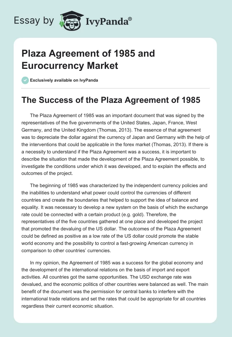 Plaza Agreement of 1985 and Eurocurrency Market. Page 1