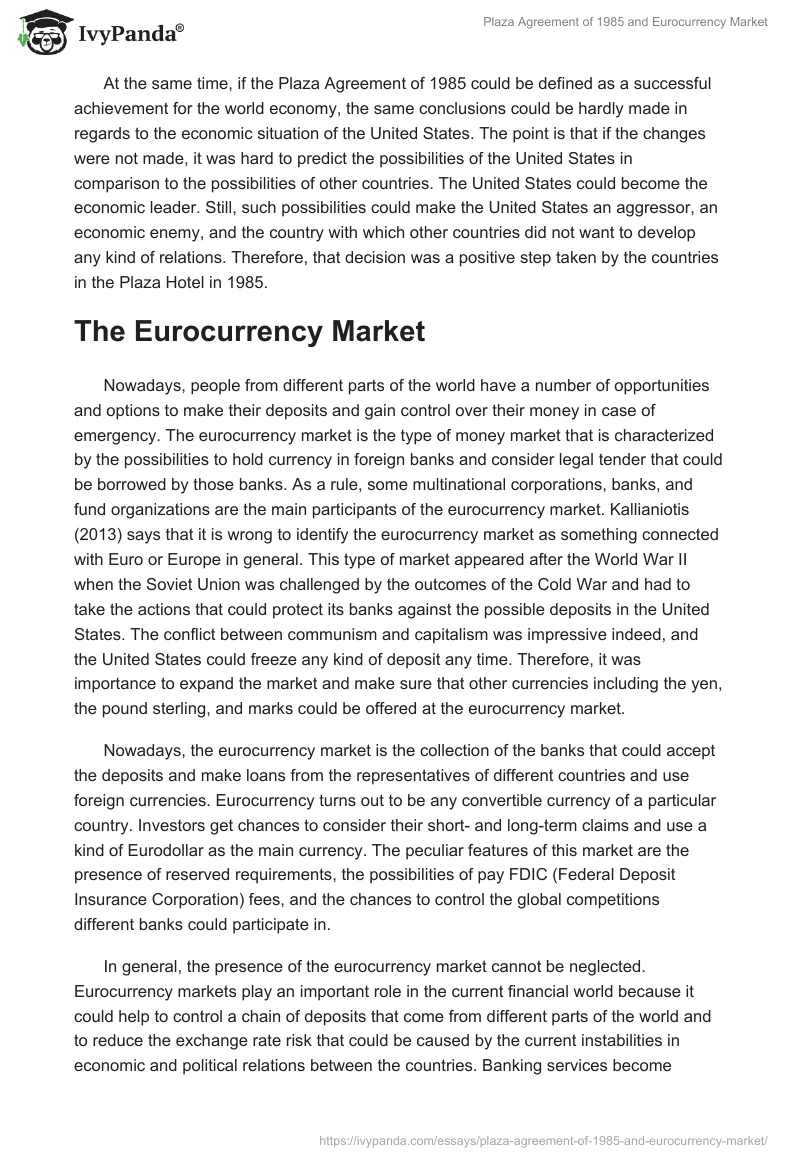 Plaza Agreement of 1985 and Eurocurrency Market. Page 2
