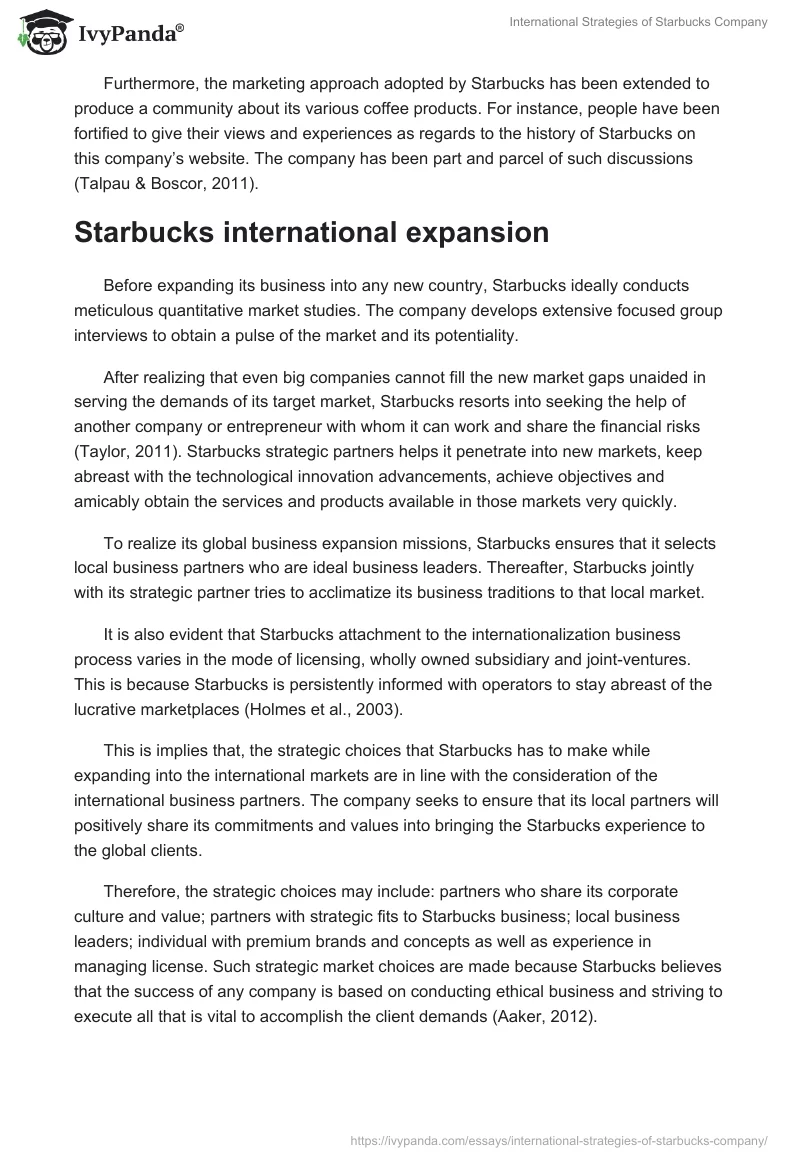International Strategies of Starbucks Company. Page 4