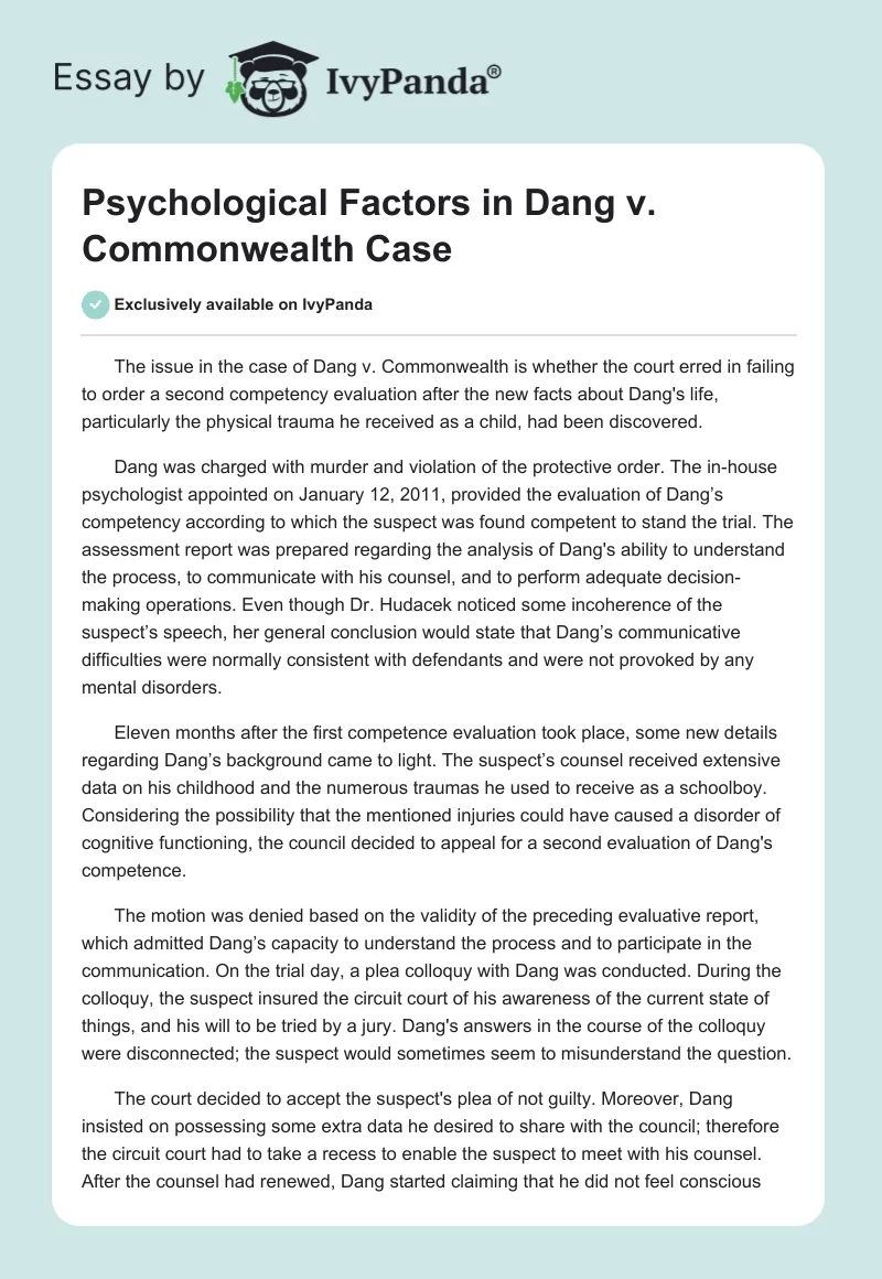 Psychological Factors in Dang v. Commonwealth Case. Page 1