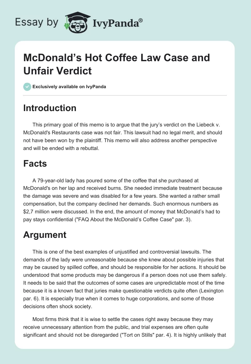 McDonald’s Hot Coffee Law Case and Unfair Verdict. Page 1