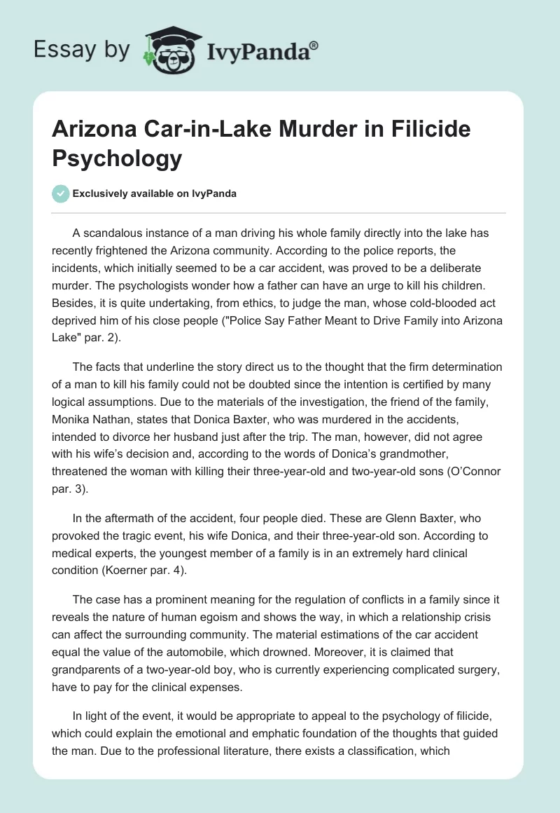 Arizona Car-in-Lake Murder in Filicide Psychology. Page 1