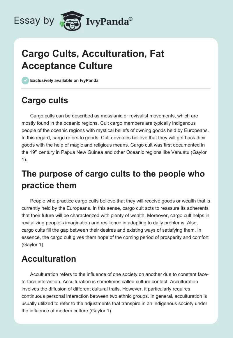 Cargo Cults, Acculturation, Fat Acceptance Culture. Page 1