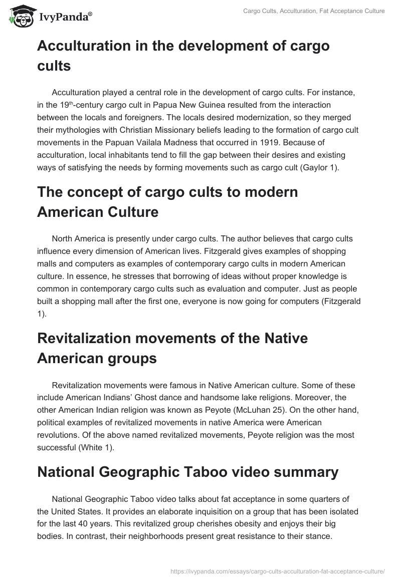 Cargo Cults, Acculturation, Fat Acceptance Culture. Page 2