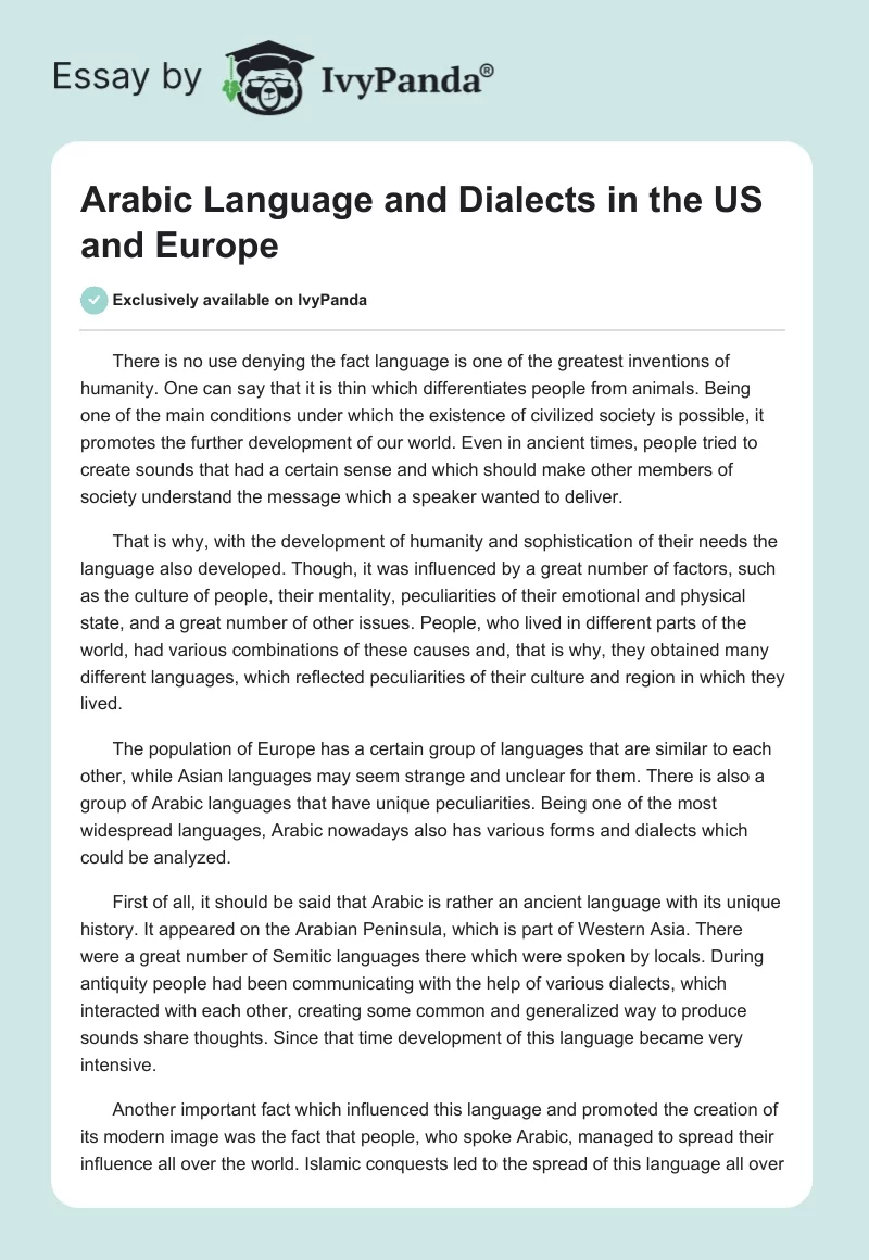Arabic Language and Dialects in the US and Europe. Page 1