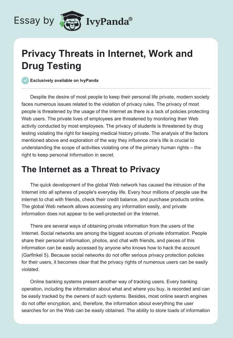 Privacy Threats in Internet, Work and Drug Testing. Page 1
