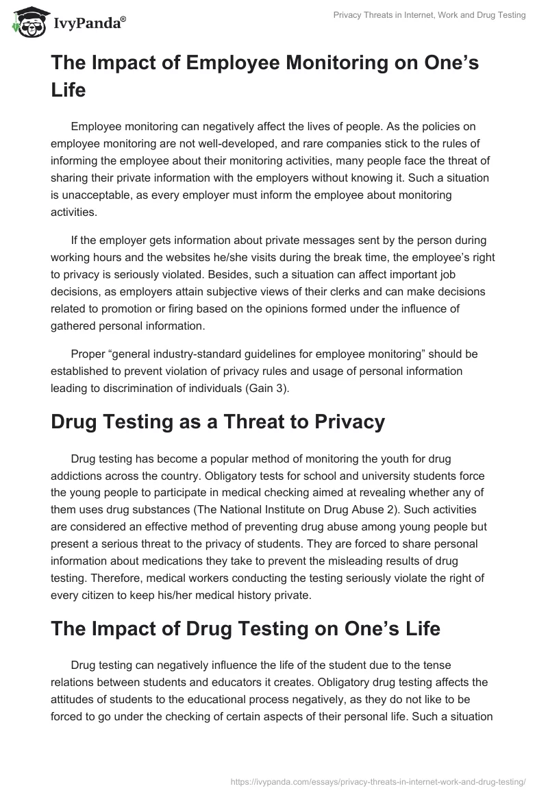 Privacy Threats in Internet, Work and Drug Testing. Page 3