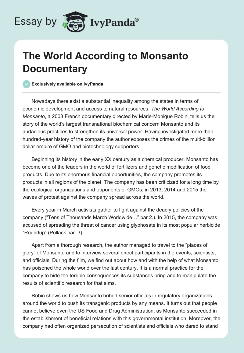 "The World According to Monsanto" Documentary. Page 1