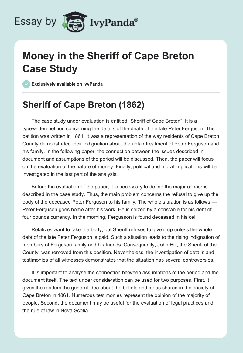 Money in the "Sheriff of Cape Breton" Case Study. Page 1